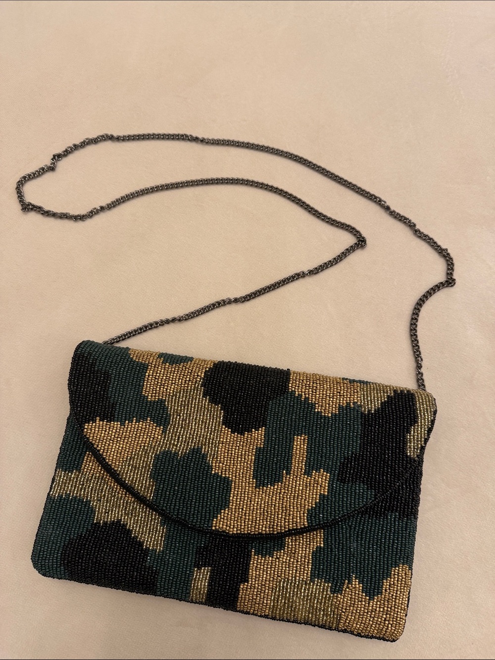 Beaded Camouflage Crossbody Clutch - Green & Gold